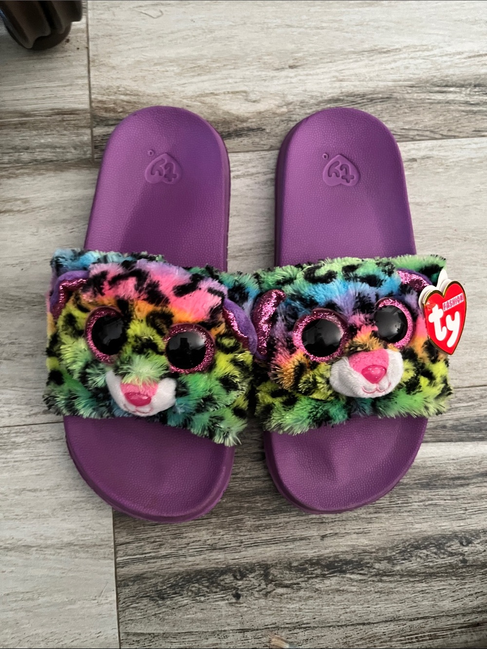 Ty Rainbow (Dotty) Leopard Plush Slide Sandals - Purple Footbed Girls SZ 3